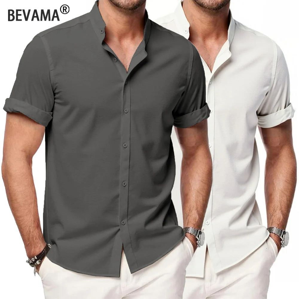 Summer Mens Short Sleeve Shirts Solid Color Stand Up Collar T Shirts Loose Casual Beach Shirt Breathable Male Linen Tops 260623