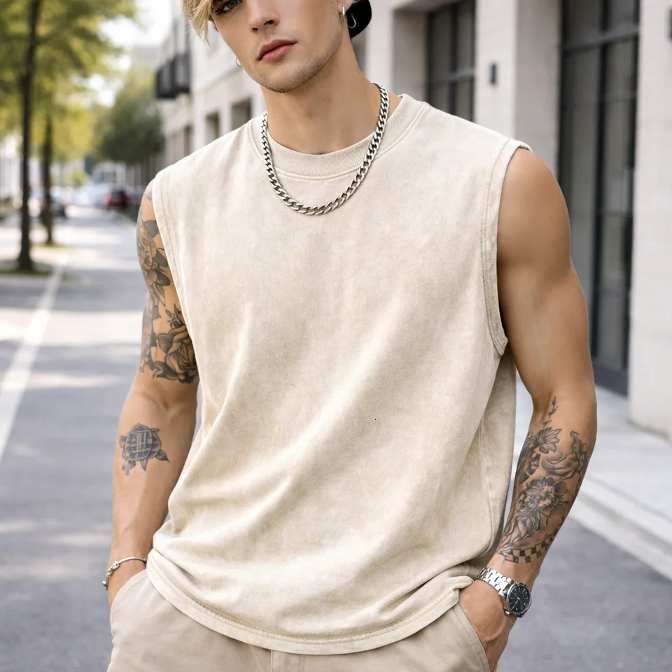 Summer Men Vintage Washed Tank Top 230G Cotton Sleeveless Distressed Loose High Street Casual Streetwear Gym Beach Workout Tee 260623
