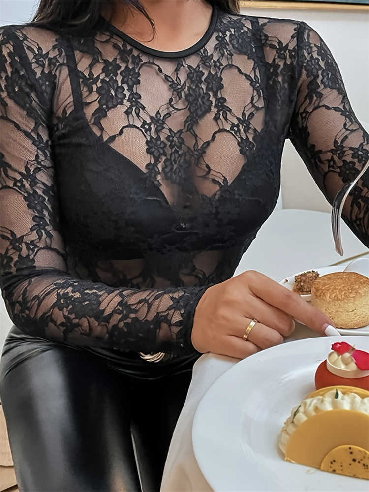 Womens Lace Floral T-shirts Long Sve O Neck See-through Slim Tops Spring Summer Autumn Shirts L26