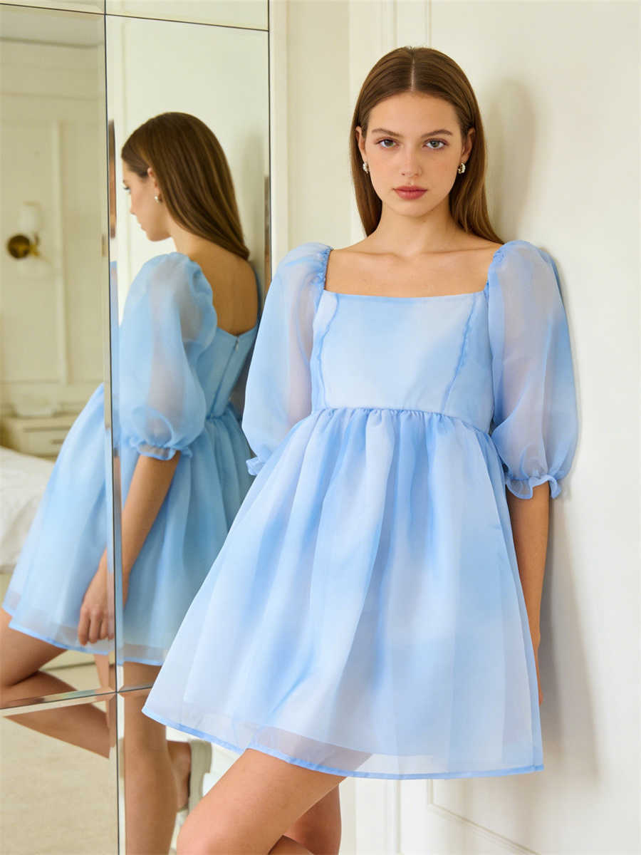 2024 Summer Vintage Fairycore Dress Women Short Puff Sve Square Neck Flowy Dress Casual Sexy Elegant Dresses Female L26