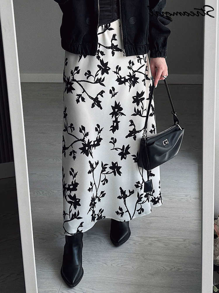 Vintage Printed Skirts Women Long A Line Satin Floral Skirts White Ladies Office Summer Autumn Elegant Womens Silk Skirts 2025 L26