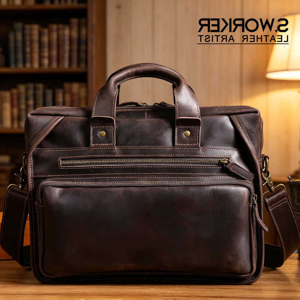 Leather Genuine SWORKER Business Premium Handbag Vintage Mens Briefcase Shoulder Bag For Work H260623