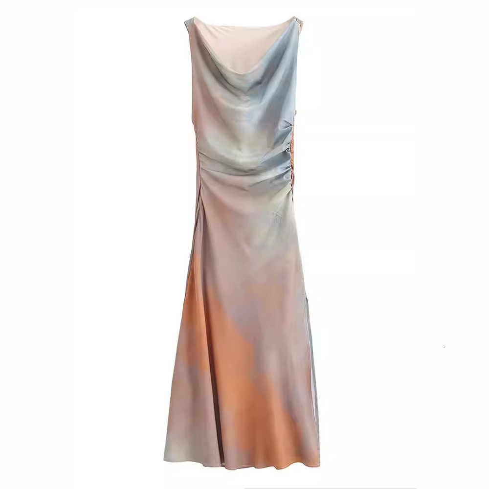 Willshela femmes mode cravate colorant plissé côté fermeture éclair fente robe mi-longue Vintage balançoire col sans manches femme Chic dame robe