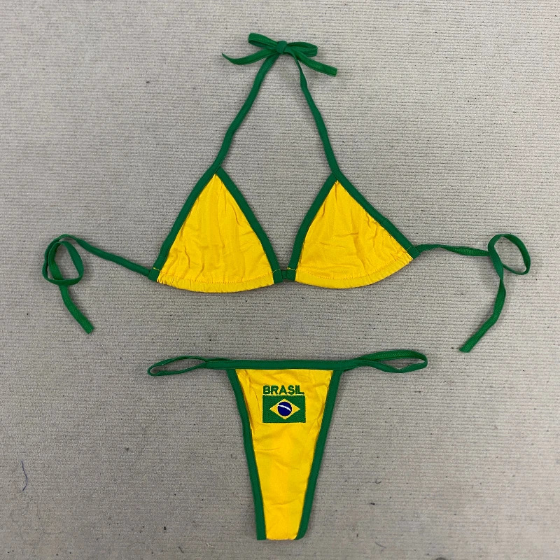 Womens Brasil Flag Print Bikini Set Halter Triangle Top Tanga Bottom Brazilian Flag Two-Piece Swimwear Y2K Beachwear 260623