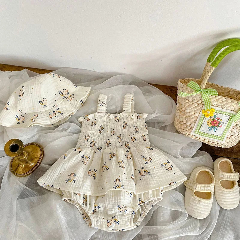 2PCS Summer Linen Floral Infant born Baby Girls Bodysuit Active Floral Babe Camisole One Piece Tutu Dress With Hat Set 260623
