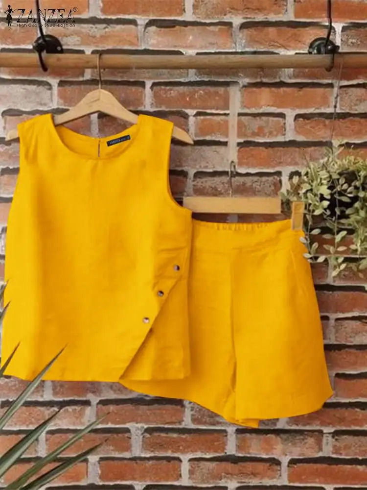 ZANZEA Fashion Matching Suit 2PCS Solid Tracksuit Sexy Pocket Summer Short Sets Casual Loose Sleeveless Tank and Shorts 260616