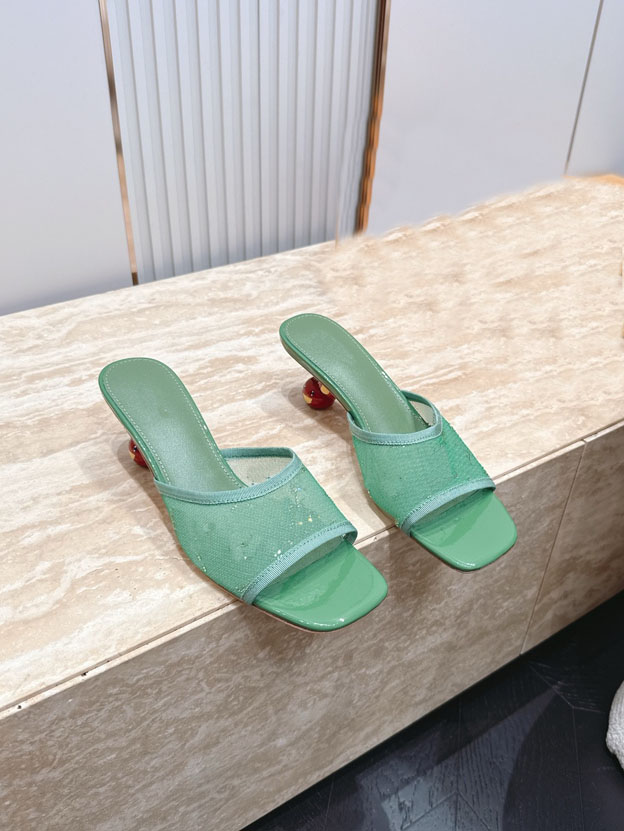 Summer mesh cherry heel round toe slippers breathable classic rhinestone beach shoes women's sandals 35-41