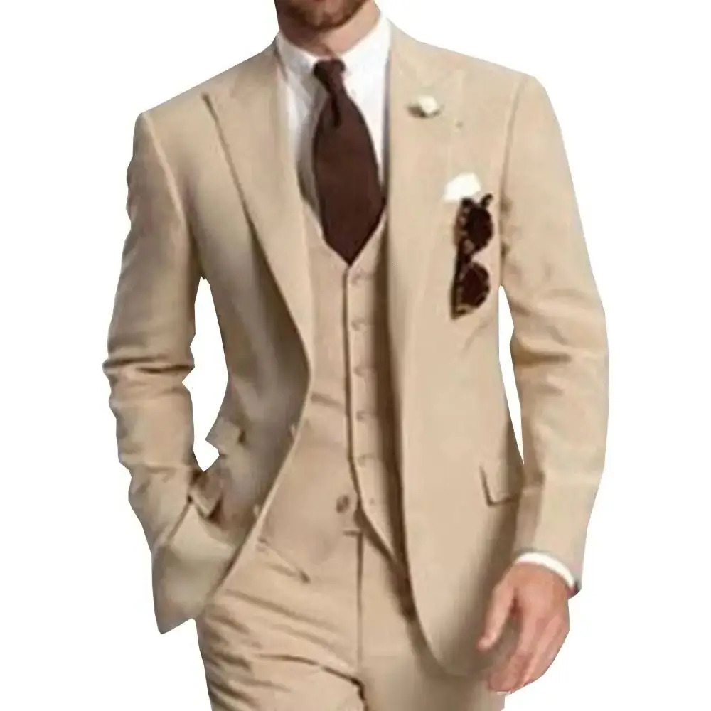 Champagne 3 Piece Business Party Men Suits Peaked Lapel Two Button Custom Made Wedding Groom Tuxedos Jacket Pants Vest 260623