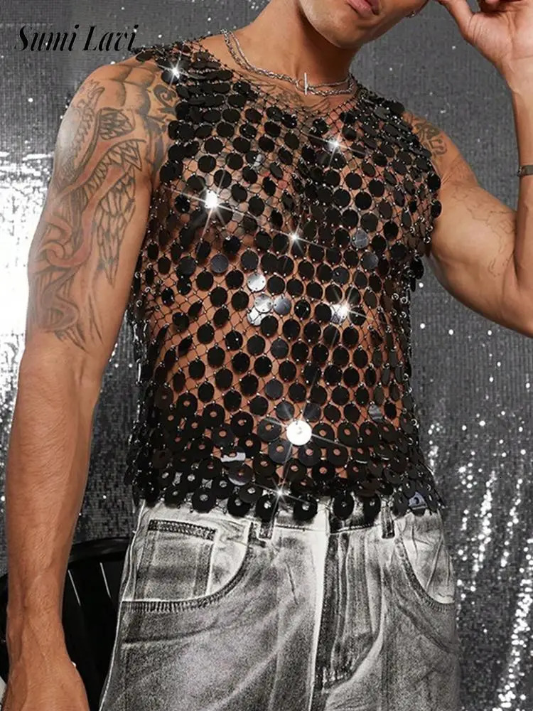 Vintage Glitter Sequin Shiny Mesh Tank Tops Men Summer Clubwear Sexy See Through Hollow Out Vest Mens Fashionable Camisoles 260616