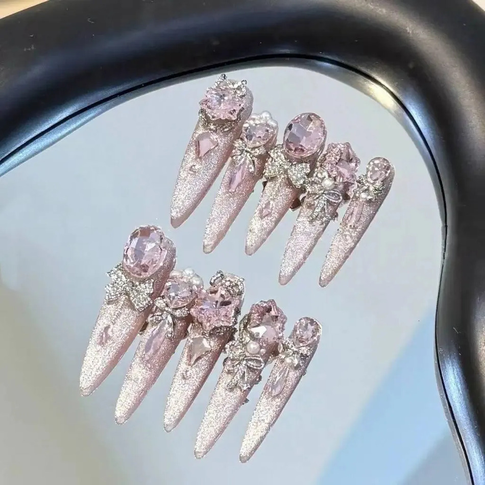 Y Cat Eye Handmade Press On Pink Stiletto Sweet Cool Removable Fake maquillaje Nails 3D Glitter Diamond Pearl Long Tip Nail Art 001