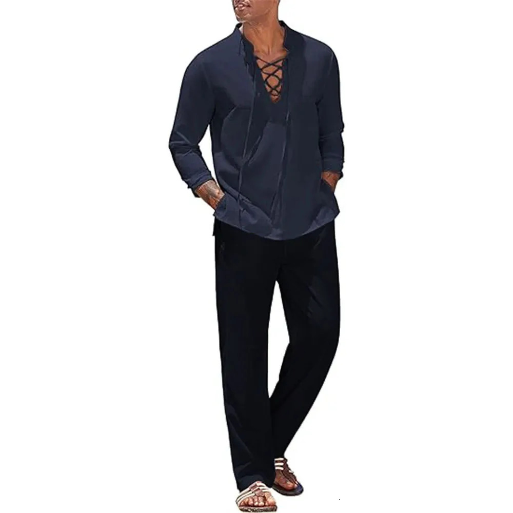 2pcs Set Mens Cotton Linen Shirt and Pants Suits for Men Beach Wear Tracksuit Solid Color Shirts Sweatpants Lightweight 260615