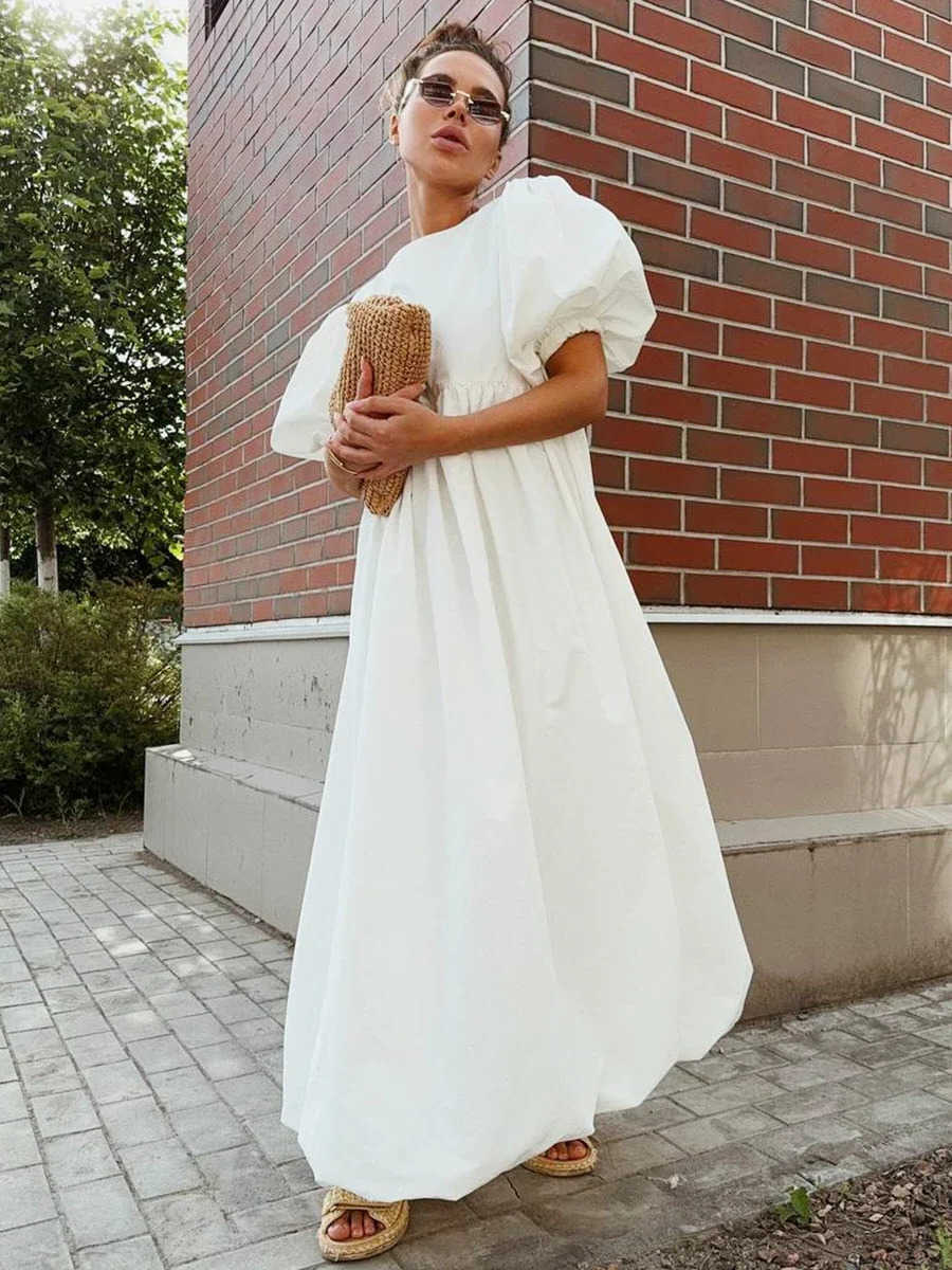 Wolfeel 100 Cotton Womens Oversized Bubble Sve Dresses Fashionable Ladies O-Neck Chic Short Sve Summer Loose Long Dress L26