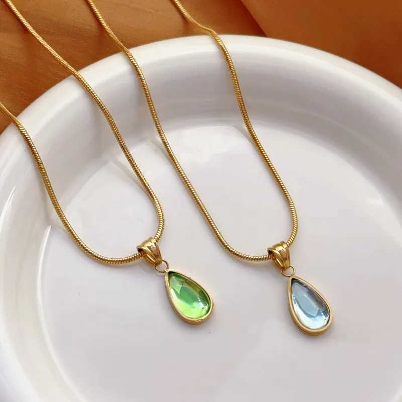 Luxury Gold Color Stainless Steel Teardrop-shaped Blue and Green Crystal Pendant Necklace Stud Earrings Set for Woman Jewelry Q260623