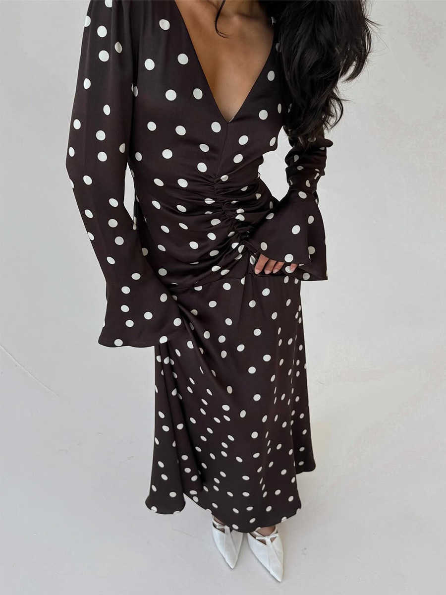 Bornladies Womens Summer New Polka Dot Long Sve Dress Slim Fit Ruched V Neck Flared Sve Waist Dress L26