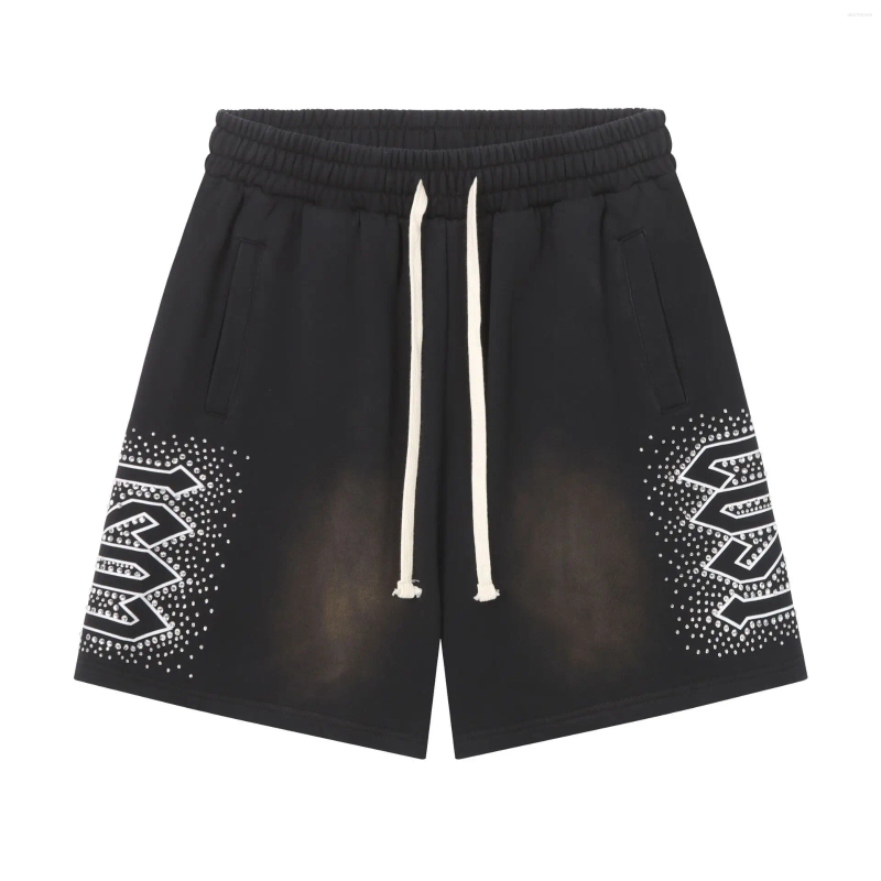Men's Shorts Rhinestone Baggy Joggers Wide Leg Washed Track Hip Hop Streetwear Distress Short Sweatpants 2026