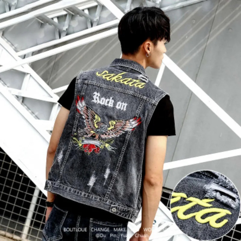 M6XL Plus Size 2025 Mens Denim Vest Hip Hop Jeans Jacket Short sleeve ripped blue denim jacket shirt 260623banjia