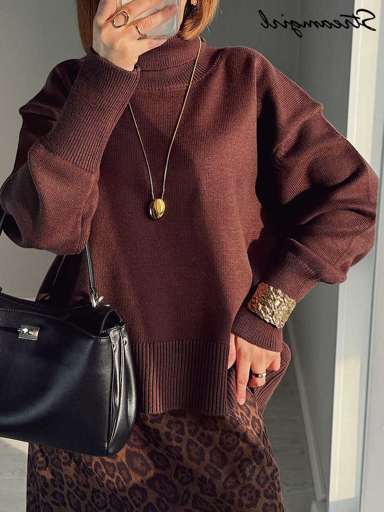 Winter Burgundy Sweater Women Turtleneck Warm Pullovers Knit Tops Brown Jumpers Women Oversized Thick Basic Womens Sweaters L26
