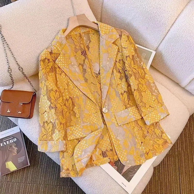 Womens Plus Size Lace Blazer Hollow Out Floral Print 34 Sleeve Suit Jacket Elegant Summer Casual Outerwear 260625