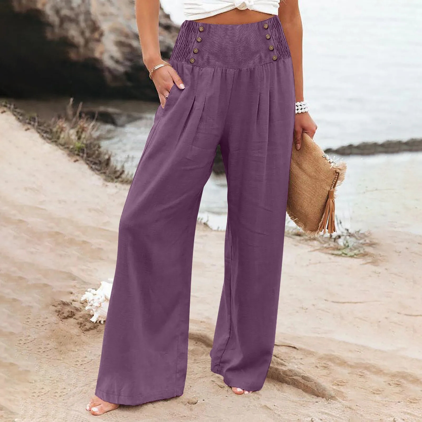 Spring Summer Cotton Linen Style Women Loose Long Trousers Leisure Solid High Waist Ruched Beach Wide Leg Pants with Pocket 260616
