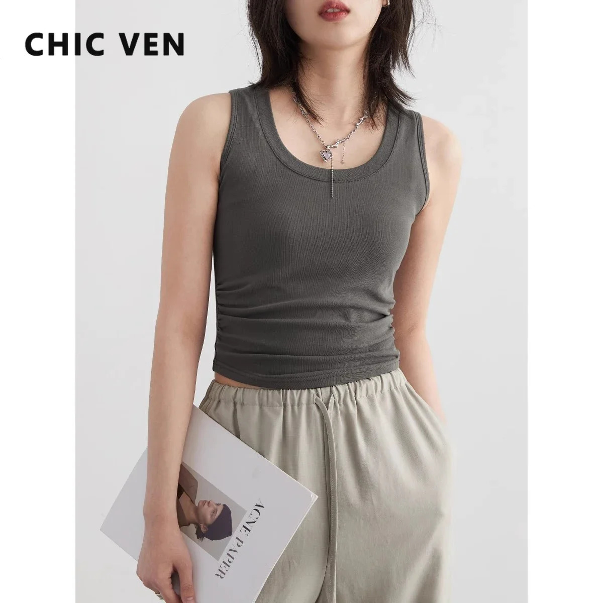 CHIC VEN Women Tanks Solid Color Tees Uneck Pleated Vest Suspender Sleeveless Slim Female Top Spring Summer 2024 260616