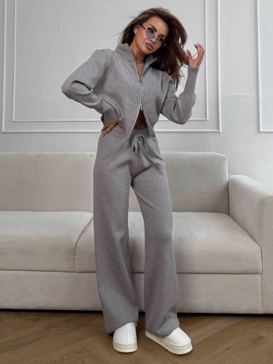 Wolfeel New Autumn Winter Zip Up Knit Pants Set Womens Trendy Slim Fit Cardigan Pants Chic Commuting Sweater Outfit L26