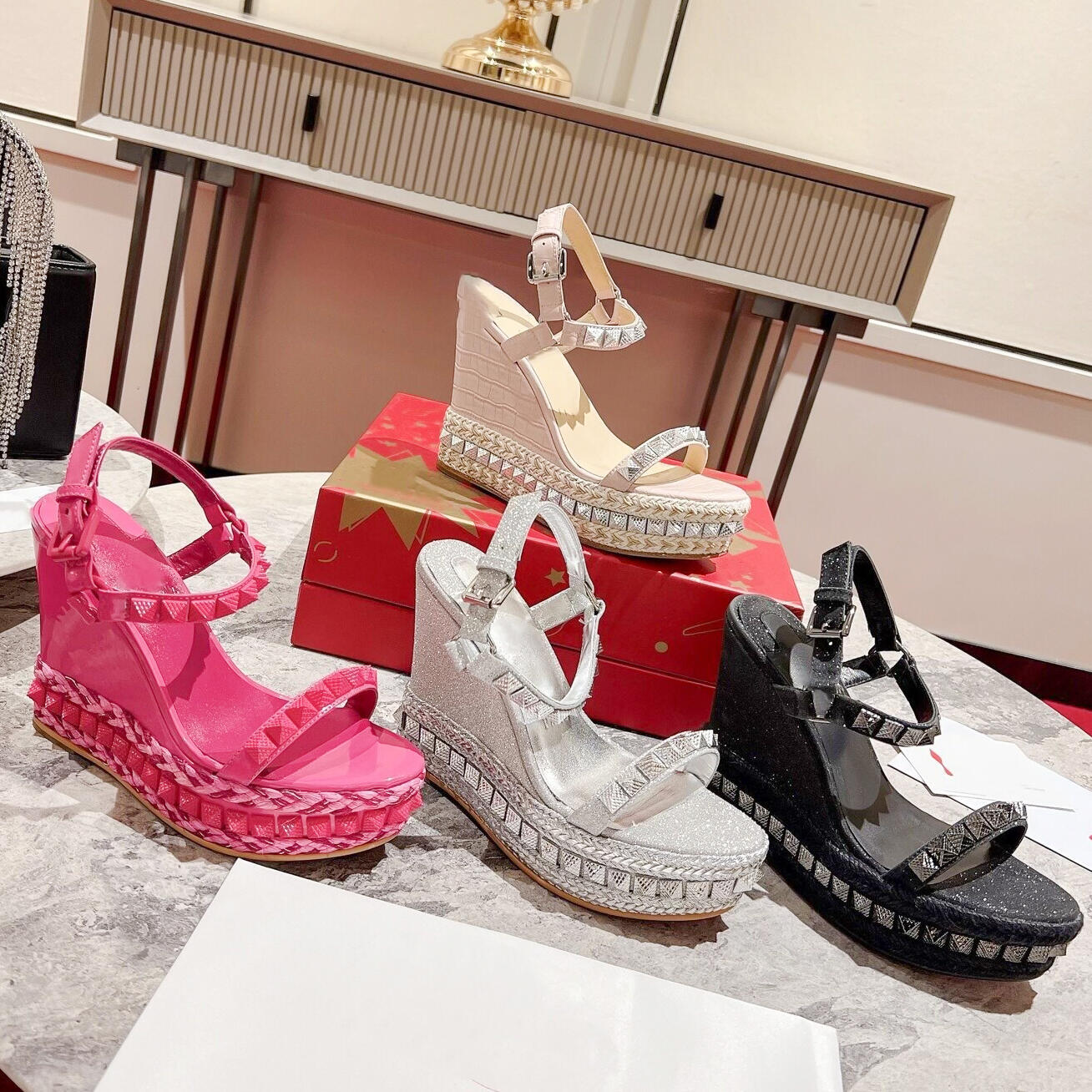 Luxury Raffia platform wedge sandal spring summer Designer pool slide casual shoe mens woman leather dress beach rivet sandale sliders Gold sliver w