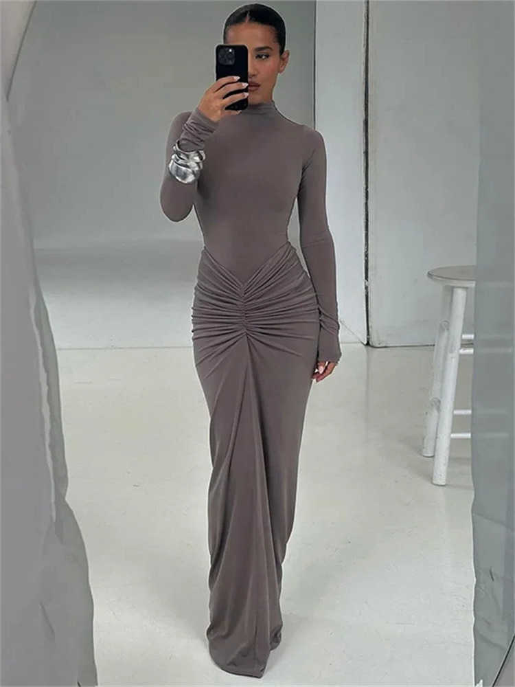 Tossy Pleated Fashion Patchwork Long Dress Womens High Waist Long Sve Solid Slim Party Dress Summer 2024 Female Maxi Dress L26