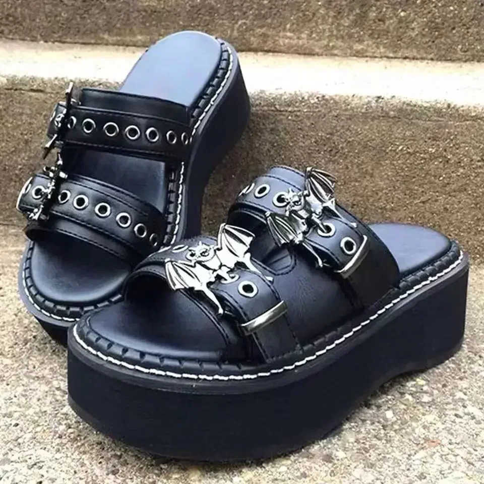 Decoration Women Metal Slippers Designer Summer Sandals Buckles Vampire Cosplay Platform Black Gothic Shoes for Women Slippers T260623
