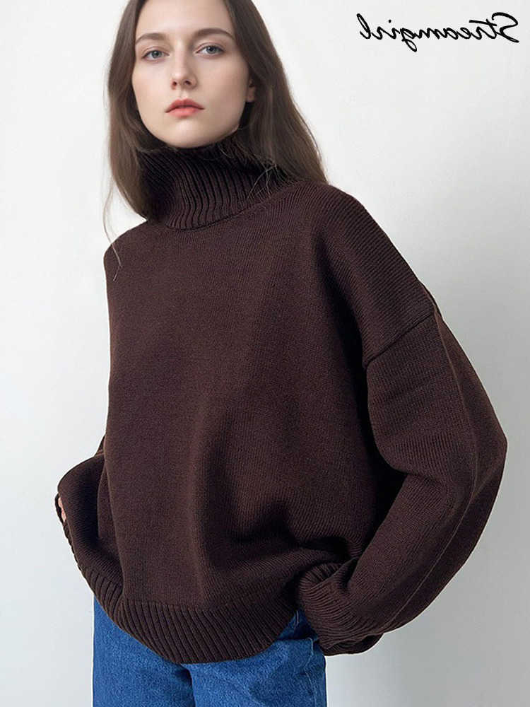 Brown Turtleneck Sweater Women Pullovers Autumn Oversized Butter Yellow Sweaters Thick Turtle Neck Knit Baggy Sweater For Ladies L26