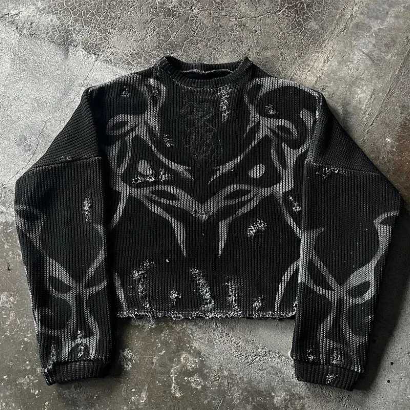 Gothic Black Print Pullover Long Slve Knitted Sweater Men and Women Y2k Harajuku Striped Tear High Strt Punk Slim Sweaters L26623