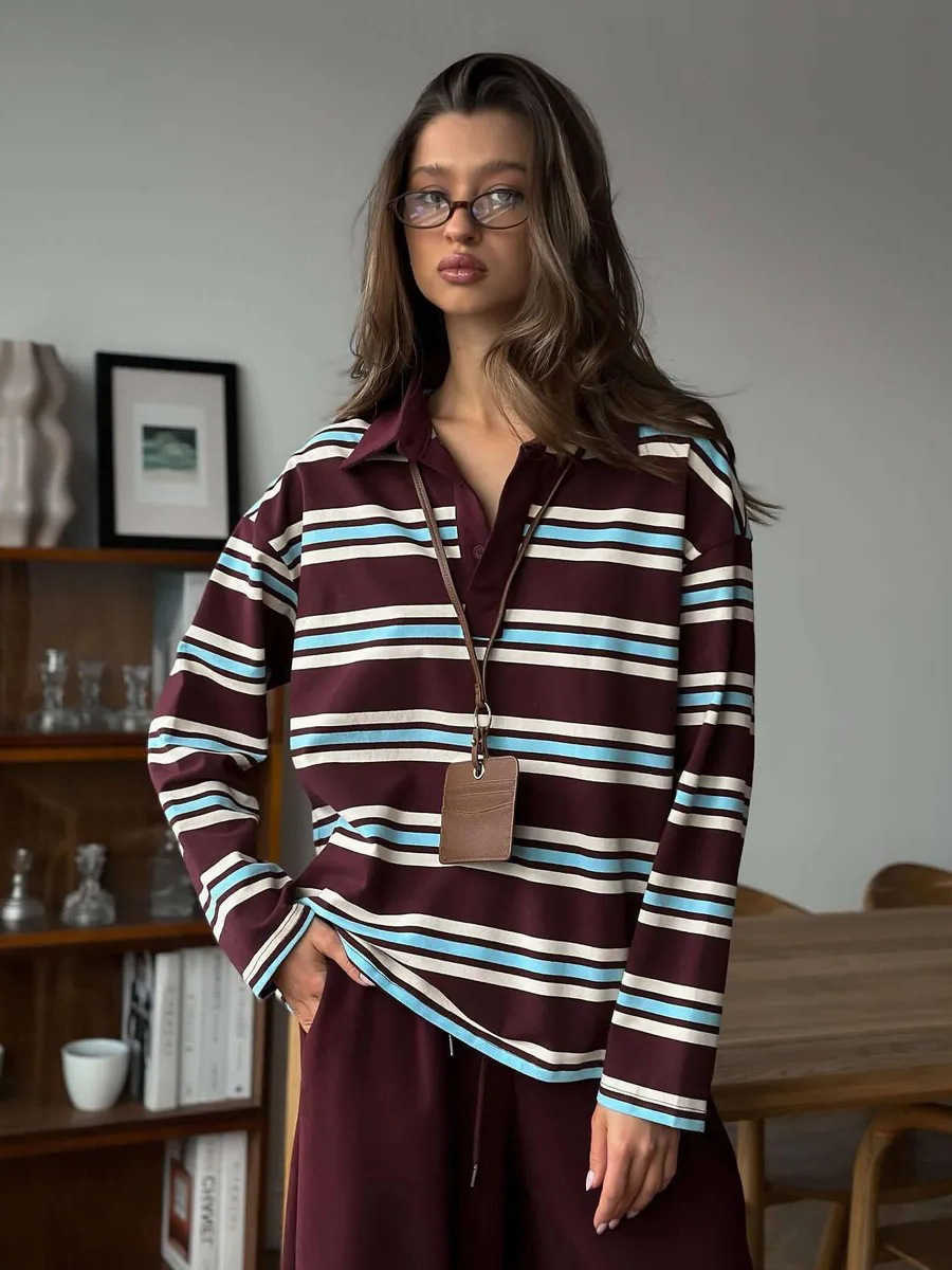 Wolfeel Womens Vintage Inspired Retro Striped Polo Collar Oversized Drop Shoulder Long Sve T-Shirt Trendy Casual Top L26