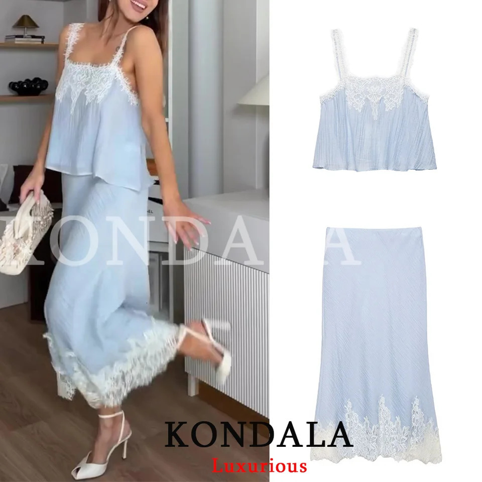 KONDALA Holiday Sexy Chic Women Skirt Suit Lace Cami Top Long Straight Skirt Fashion 2026 Spring Summer Beach Skirt Suit 260623