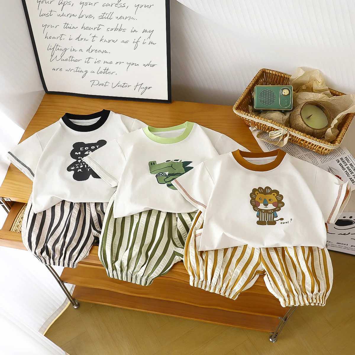 Summer New 1-6 Years children Boys Korean Style Cartoon T-Shirt Set Kids Casual Striped Shorts 2 Piece Outfit X260623