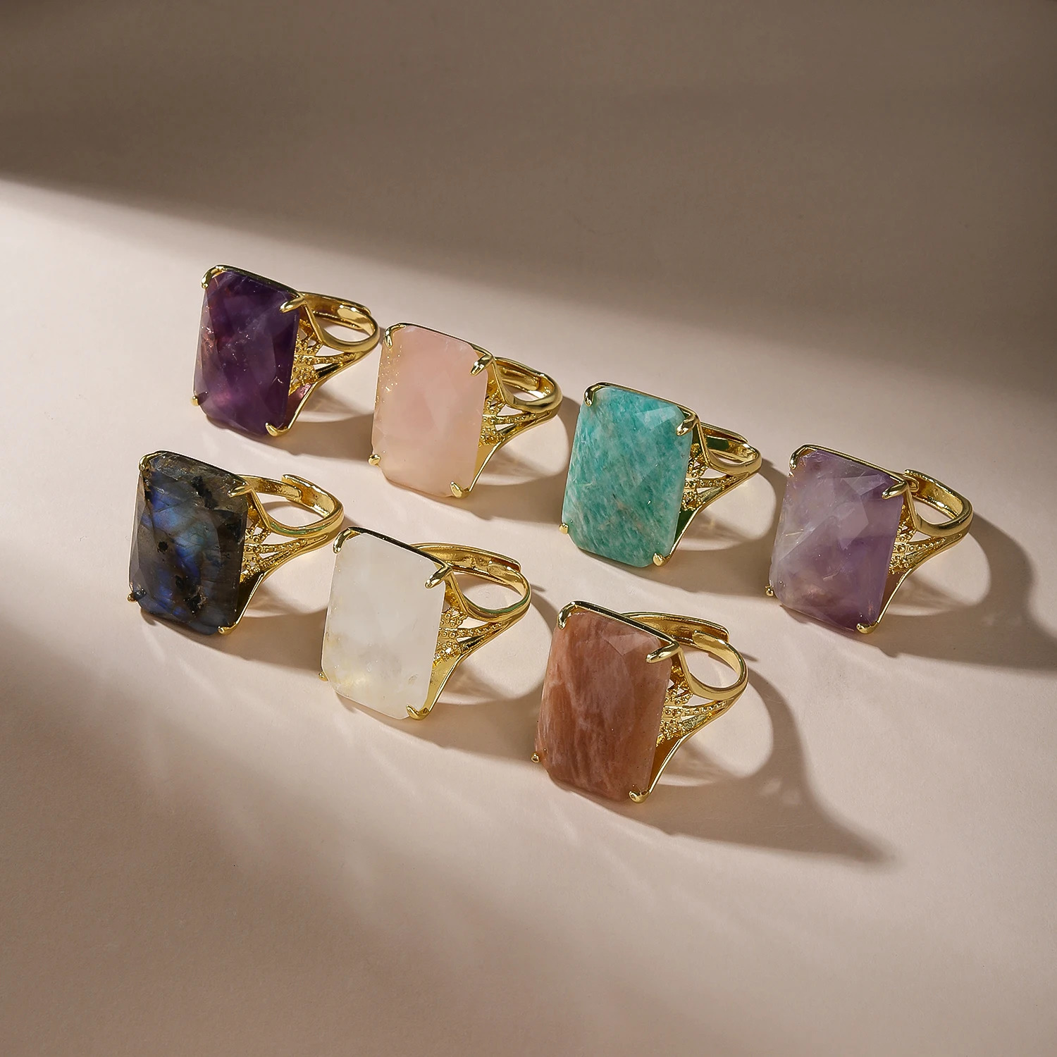 Natural Sunstone Stone Ring for Women Large Rectangular Amethyst Rose Quartz Ring Ornate Gold Plated Boho Spiritual Jewelry Gift 260623