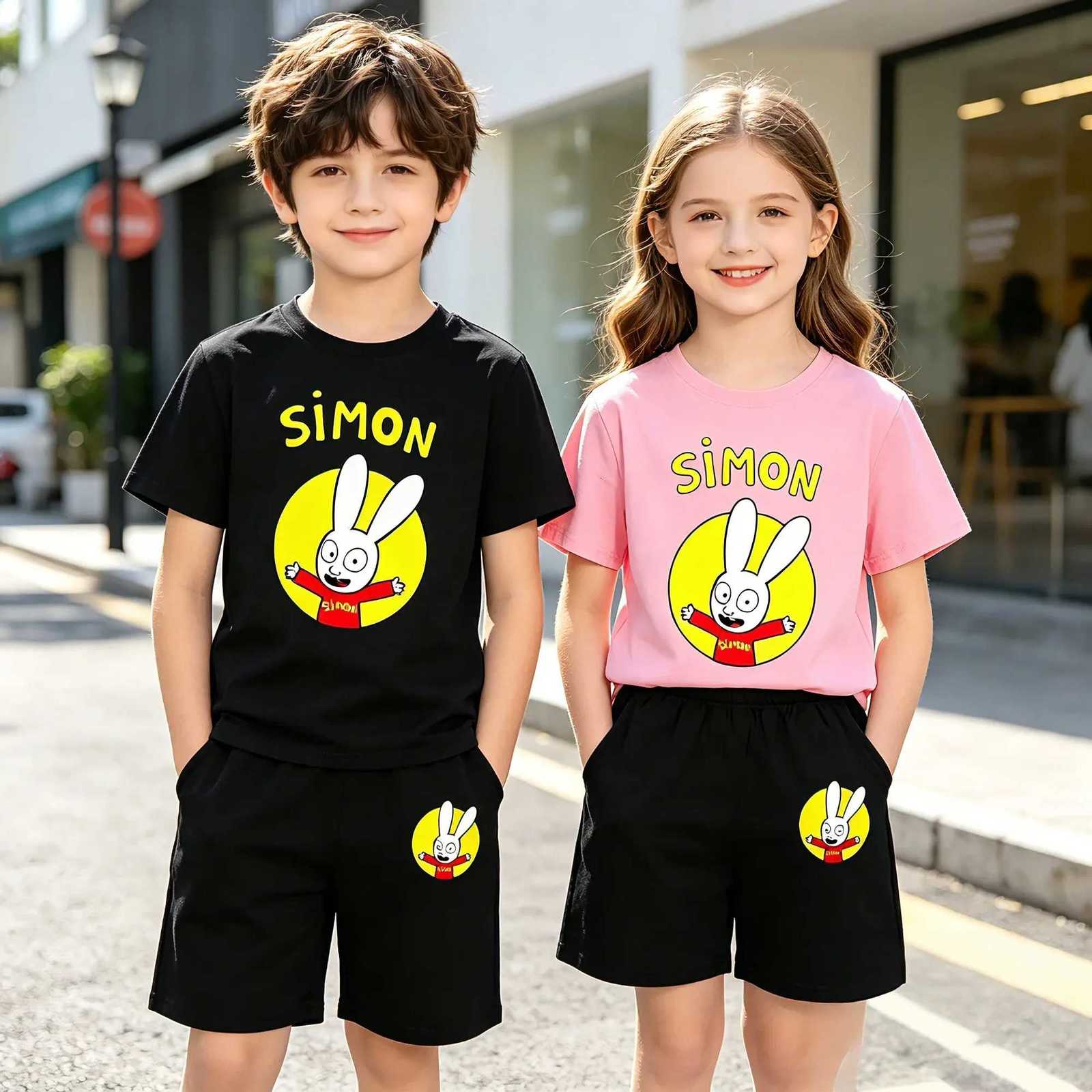 2026 New Kids Cartoon Rabbit Simon 2Pcs Sportsuits 2-13Y Boys Girls Summer Casual O-neck Short Sleeve TeesShort Pants Soft Brea X260623
