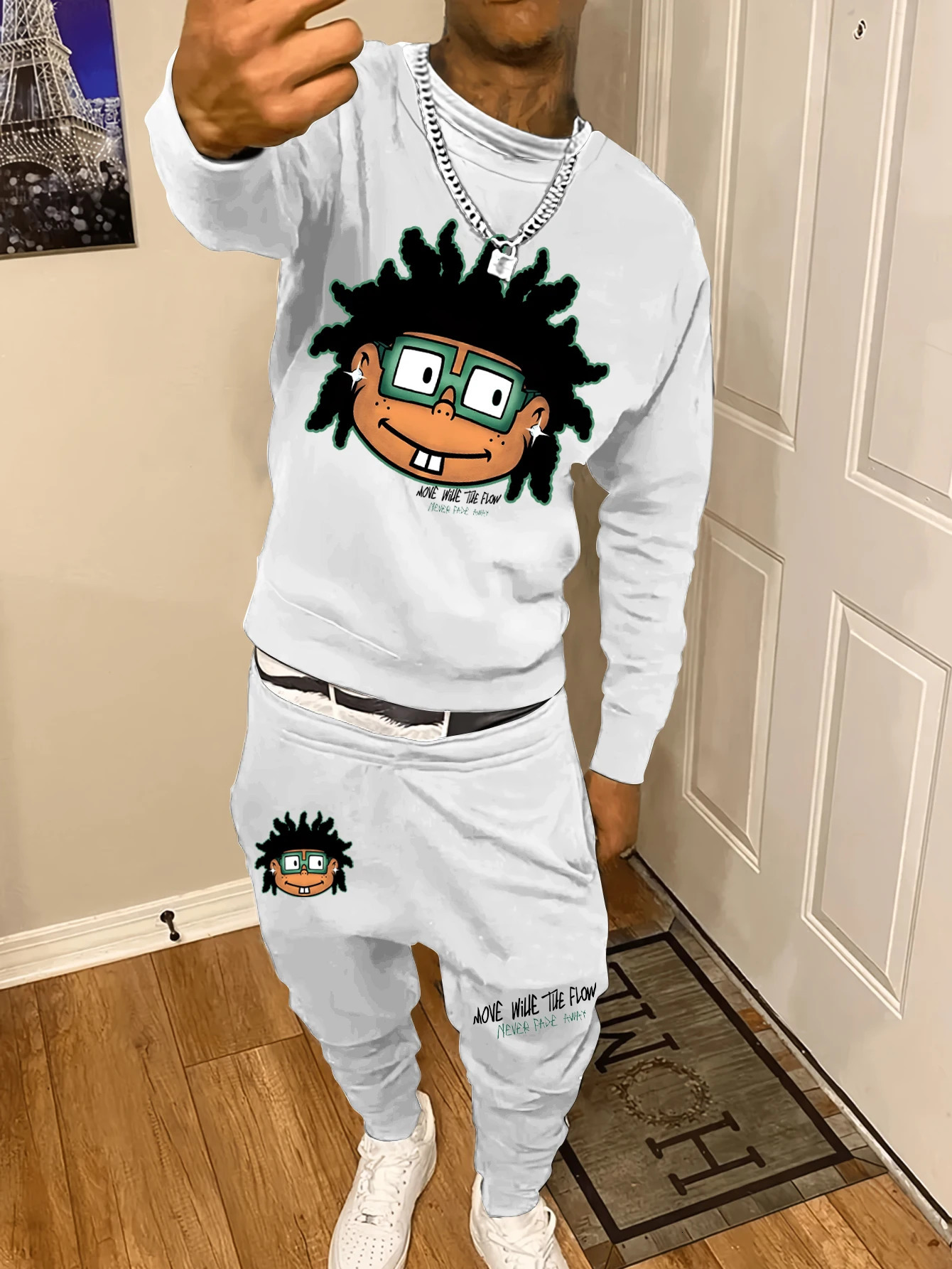 Autumn and Winter Trendy Sweatshirt Mens Loose Casual Fit With Cute Letter Printed Hundred Long Sleeve Set 260613