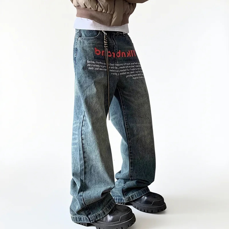 Korean Version Retro Letter Printed Jeans For Men Loose Straight Leg Wide Pants High Street HipHop n Casual 260618