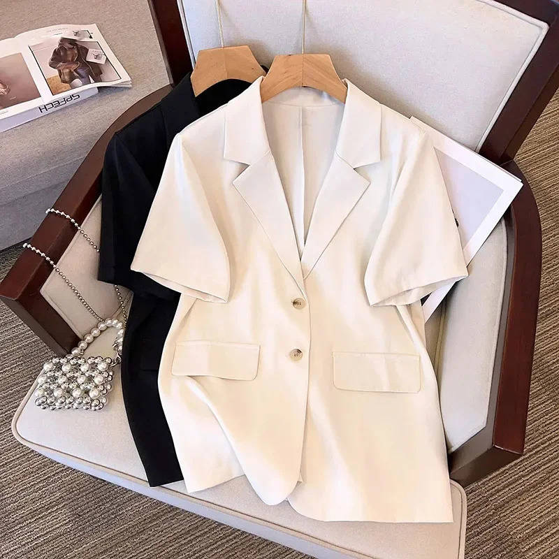 Summer Short Sleeve Blazer Women Korean Fashion Singlebreasted Office Lady Suit Jacket Elegant Loose Thin Outwear 260625