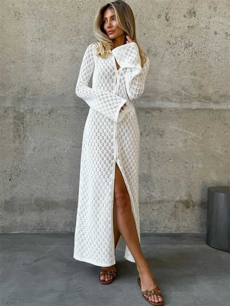 Tossy Elegant Knitwear Hollow Out Long Dress Cardigan For Women V-Neck Patchwork See-Through Loose Beach Dress Knit Female Dress L26