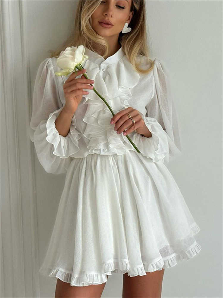Tossy White Elegant Ruffled Mini Dress For Women Patchwork High Waist Long Sve See-Through Party Dress Female Spring Dress L26