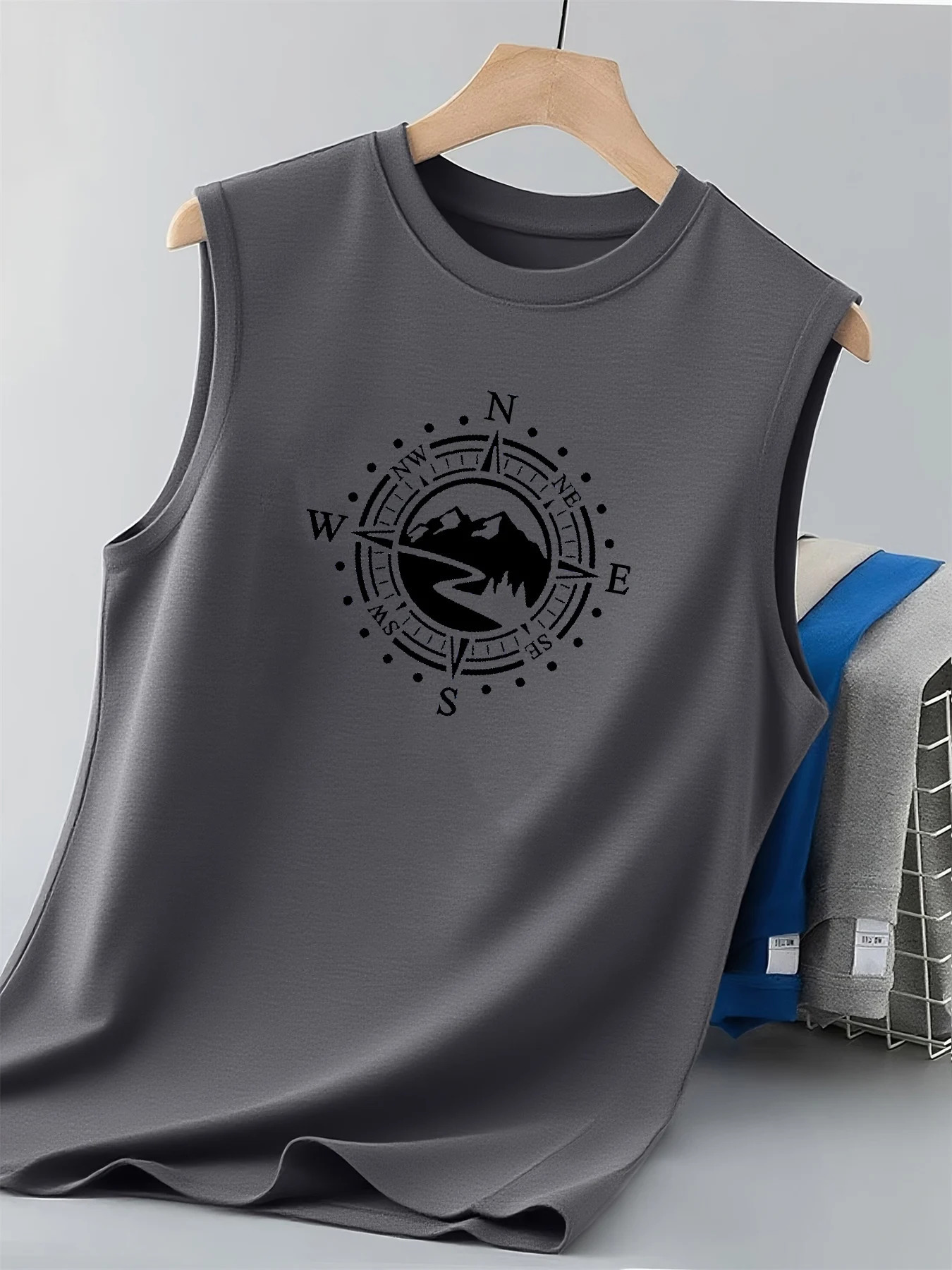 Summer 100 pure cotton mens fashionable casual loose mountain and compass pattern printed fitness sports sleeveless vest 260618