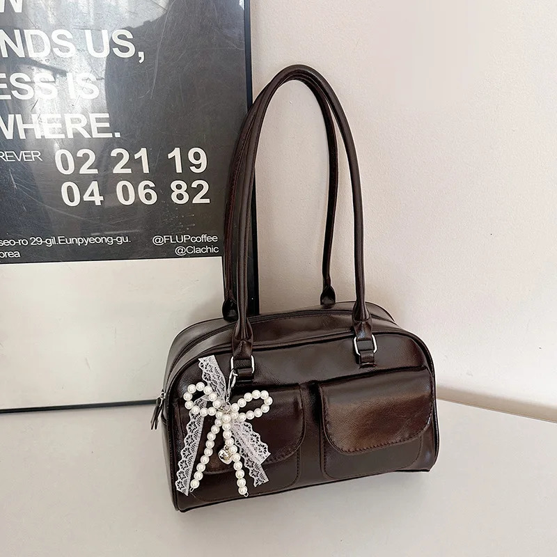 Retro Korean INS Style Autumn Large Capacity Brown Bowling Handbag Womens Shoulder Bag 2026 Fashion Trend Bag 260623BJ