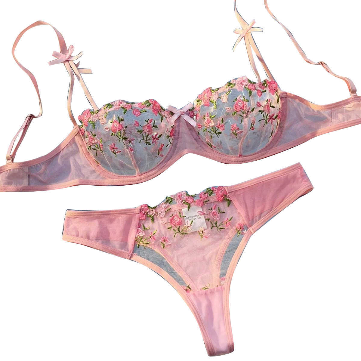 Pink New Transparent Bra Women Sheer Temptation Exotic Sexy Lingerie Set Ladies Embroidery Floral Bras Erotic Underwear Sets D260623