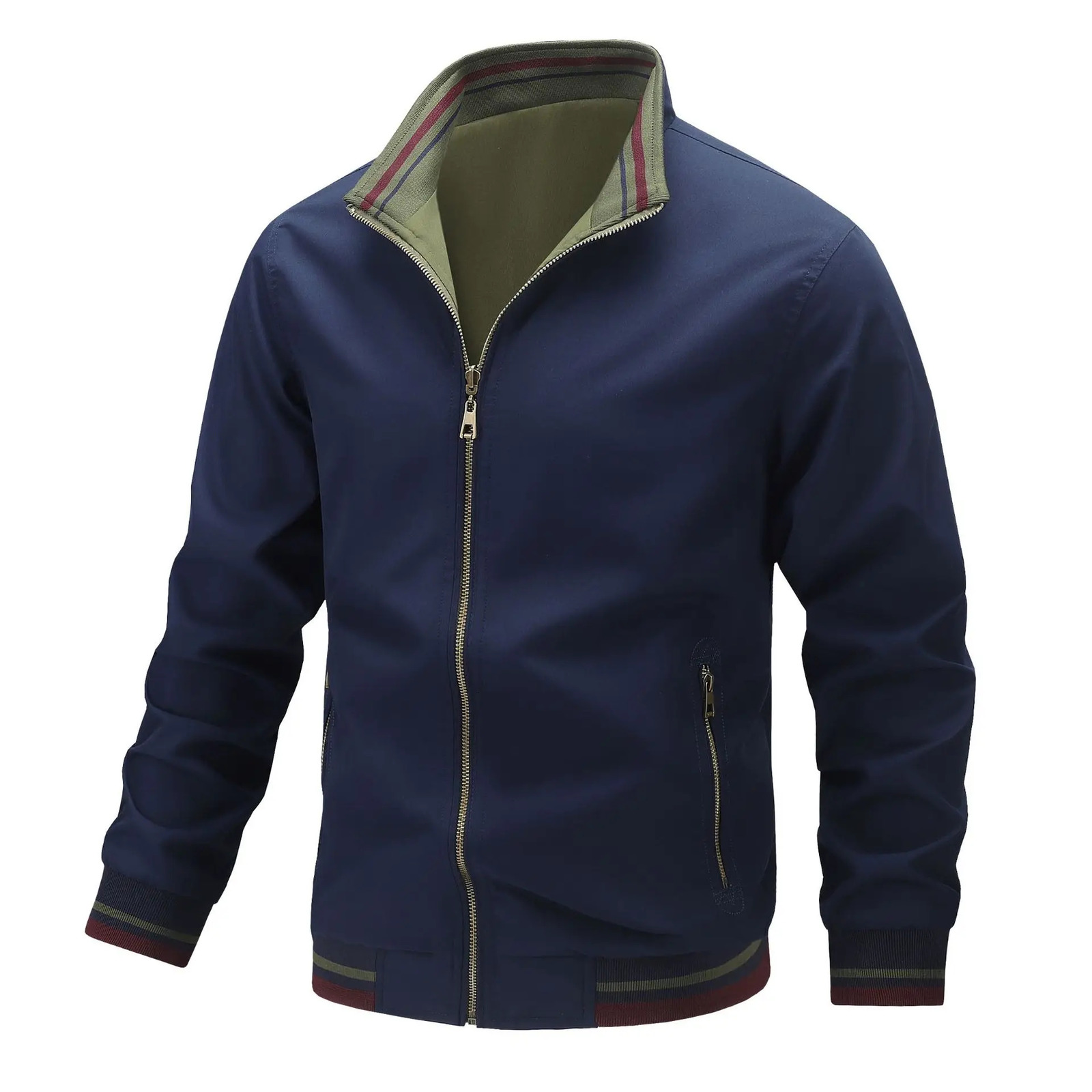 Mens Reversible StandCollar Bomber Jacket Long Sleeve Comfort Casual Zipup Coat 260623