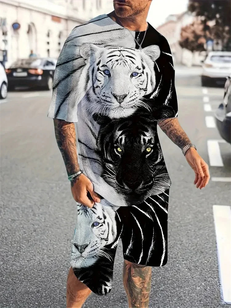 2024 Summer Fashion Animal Print Suit Black and White Tiger 3D Pattern Outdoor Street Shooting Sportswear Mens Casual Wear 260613banjia