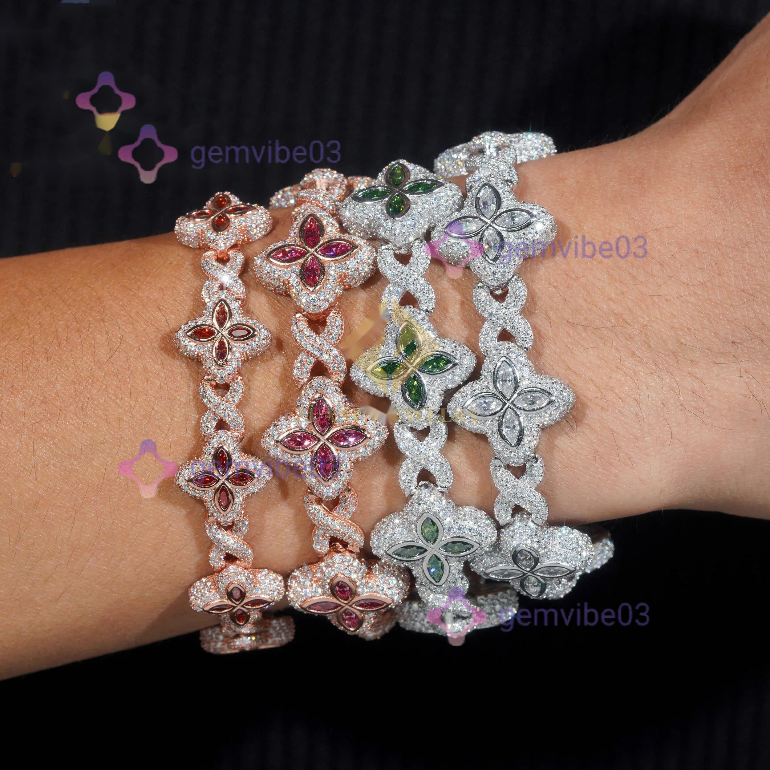Fine Jewelry Luxury Flower New Fashion Clover Bracelets Sterling Silver 925 Gold Plated Moissanite Cuban Chains 8a18b