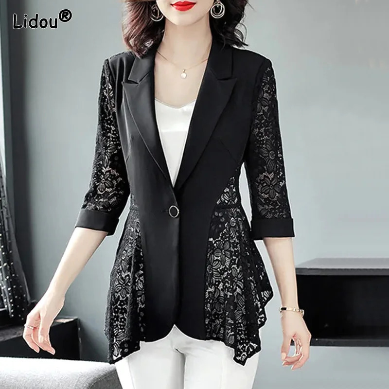 Thin Spring Summer Solid Long Blazer Patchwork Hollow Out Lace Button Vneck Office Lady Formal Casual Fashion Womens Clothing 260625