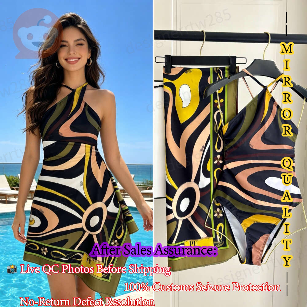 Designer One Piece Swimsuit Luxury Abstract Wave Printed Bikini Monokini Set With Mesh Skirt Sarong Bathing Suit Women High Quality Summer Beachw-image-1111781056