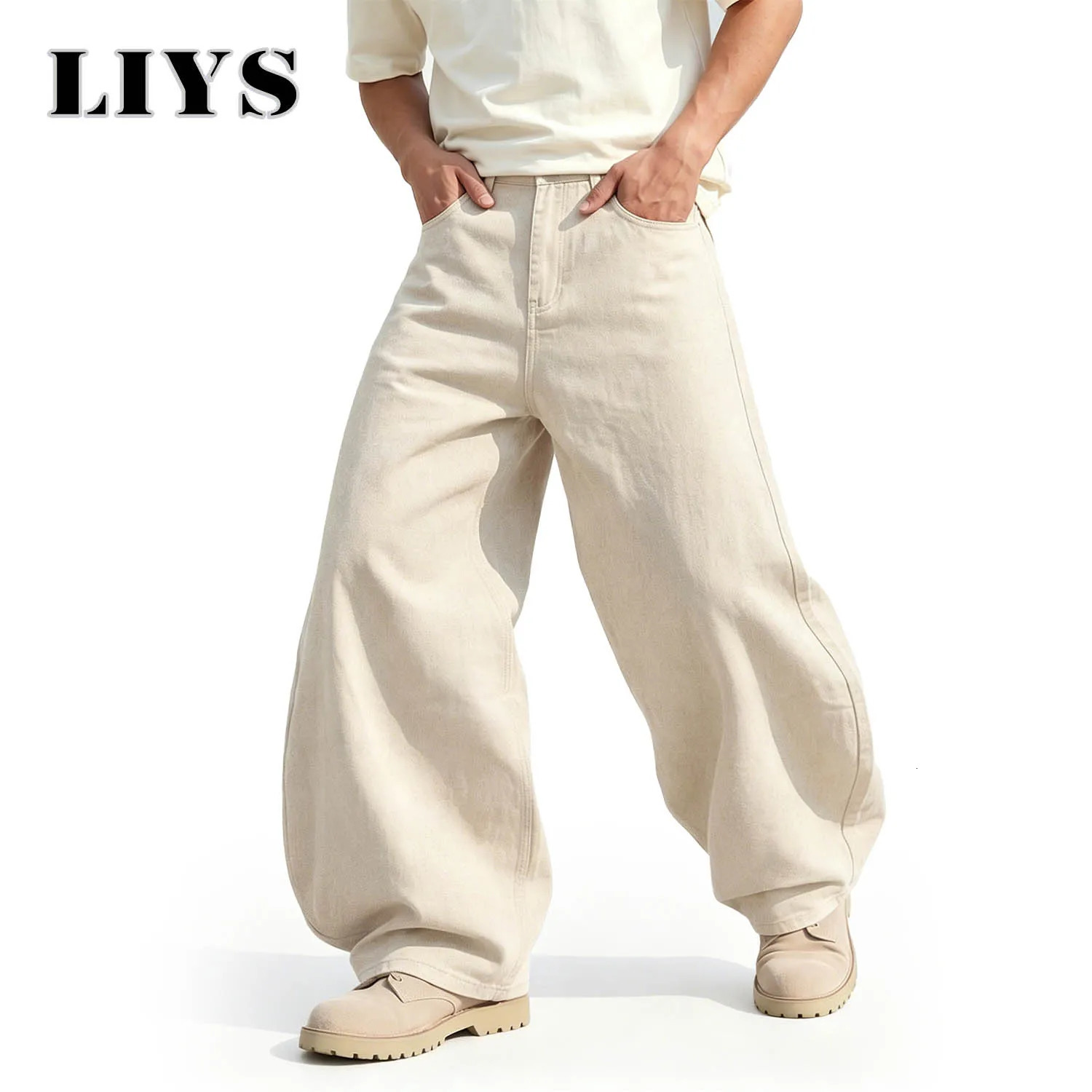 LIYS Mens American Beige Loose Wide Leg Jeans High Waisted Streetwear HipHop Fashion Denim Pants Y2K Retro Casual 260618