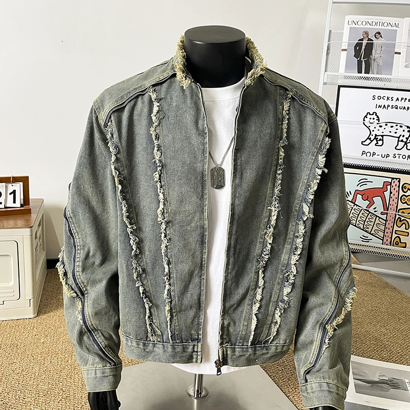 Deconstructed Frayed Waed Denim Jaet American High Street Mens Trendy Aged n Cool Couple Collar Coats y2k fashion 260623banjia